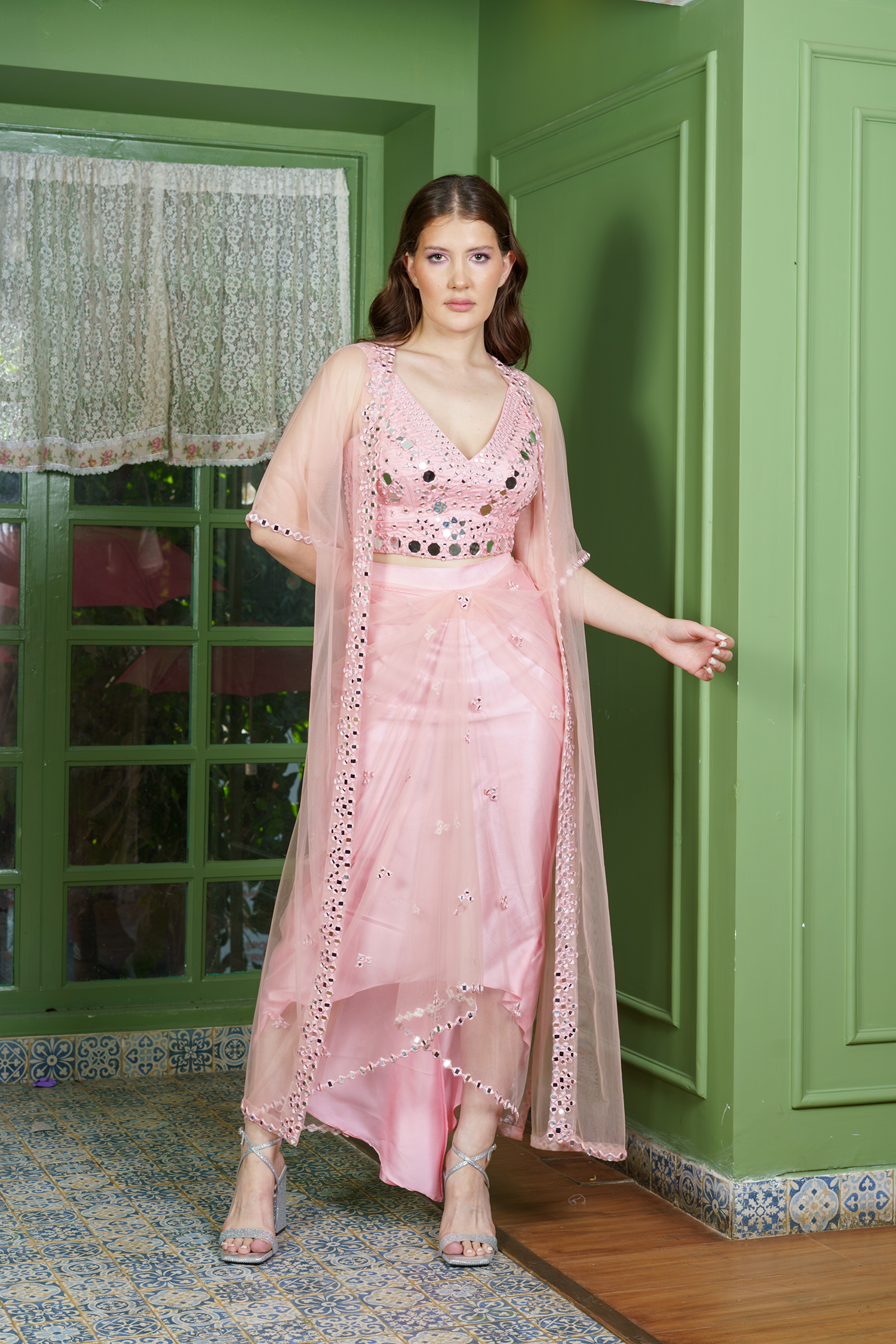Sheer Sparkle Pink Dhoti Set